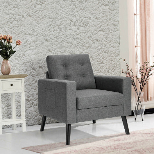 Mid-Century Upholstered Armchair Club Chair with Rubber Wood Legs-Gray - Color: Gray