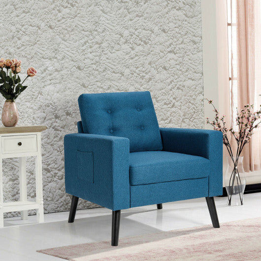 Mid-Century Upholstered Armchair Club Chair with Rubber Wood Legs-Blue - Color: Blue