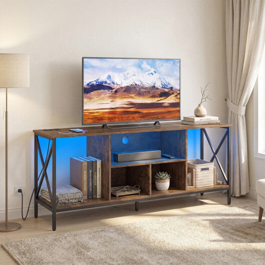 TV Stand with LED Lights for 65 Inch TV Entertainment Center with Power Outlets-Brown