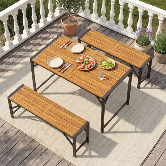 Set of 2 Acacia Wood Outdoor Bench 47.5" with Slatted Seat for Backyard