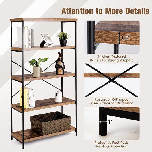 Multipurpose Open Bookcase Industrial Rack Wide Standing Storage Shelf-Brown - Color: Brown