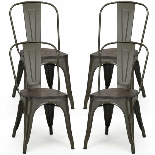 4 Pieces Tolix Style Metal Dining Side Chair Stackable Wood Seat-White