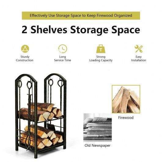Fireplace Log Rack with 4 Tools Set Fireside Firewood Holder