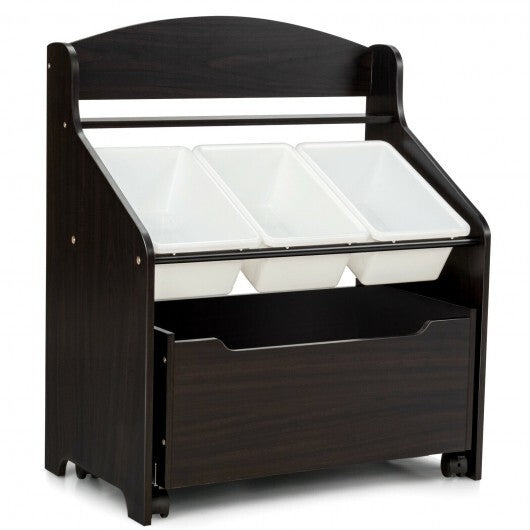 Kids Wooden Toy Storage Unit Organizer with Rolling Toy Box and Plastic Bins-Espresso - Color: Dark Brown