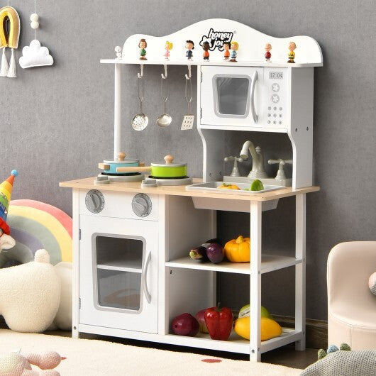 Wooden Pretend Play Kitchen Set for Kids with Accessories and Sink - Color: White