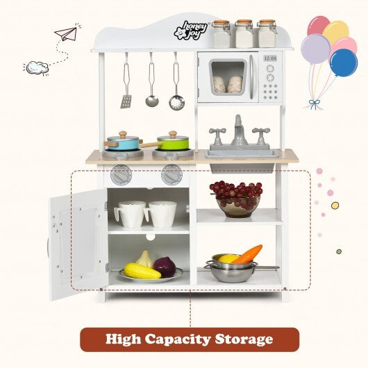 Wooden Pretend Play Kitchen Set for Kids with Accessories and Sink - Color: White