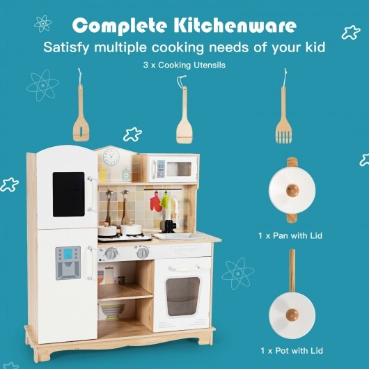 Wooden Kids Pretend Kitchen Playset Cooking Play Toy with Utensils and Sound