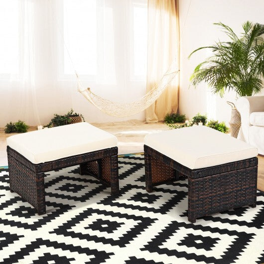 2 Pieces Patio Rattan Ottomans with Soft Cushion for Patio and Garden-Red
