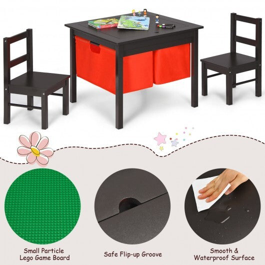 2-in-1 Kids Activity Table and 2 Chairs Set with Storage Building Block Table-Espresso - Color: Dark Brown