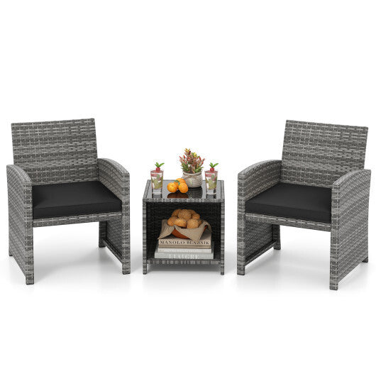 3 Pieces Patio Furniture Set with Tempered Glass Coffee Table and Soft Seat Cushions-White