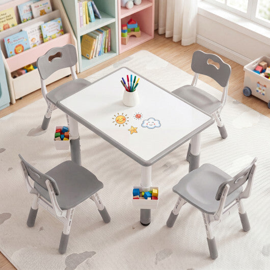 Height Adjustable Kids Table and 4 Chairs Set with Graffiti Desktop and 2 Storage Baskets-Gray