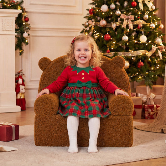 Kids Bear Sofa Toddler Foam Couch with Soft Fleece Fabric Cover-Brown - Color: Brown