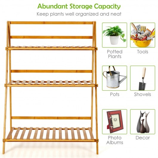 3-Tier Bamboo Foldable Plant Stand with Display Shelf Rack-Natural - Color: Natural