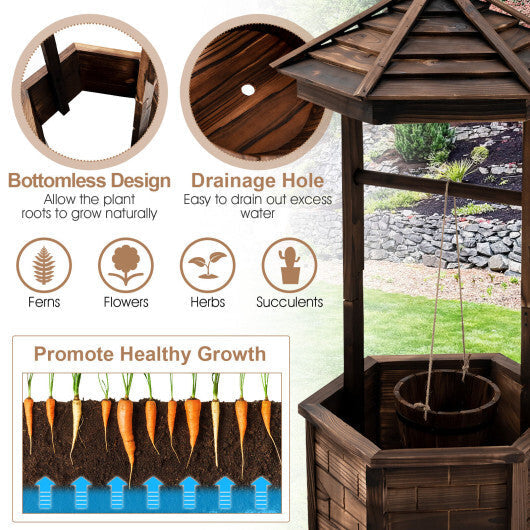 Rustic Wooden Wishing Well with Adjustable Hanging Bucket-Brown - Color: Brown