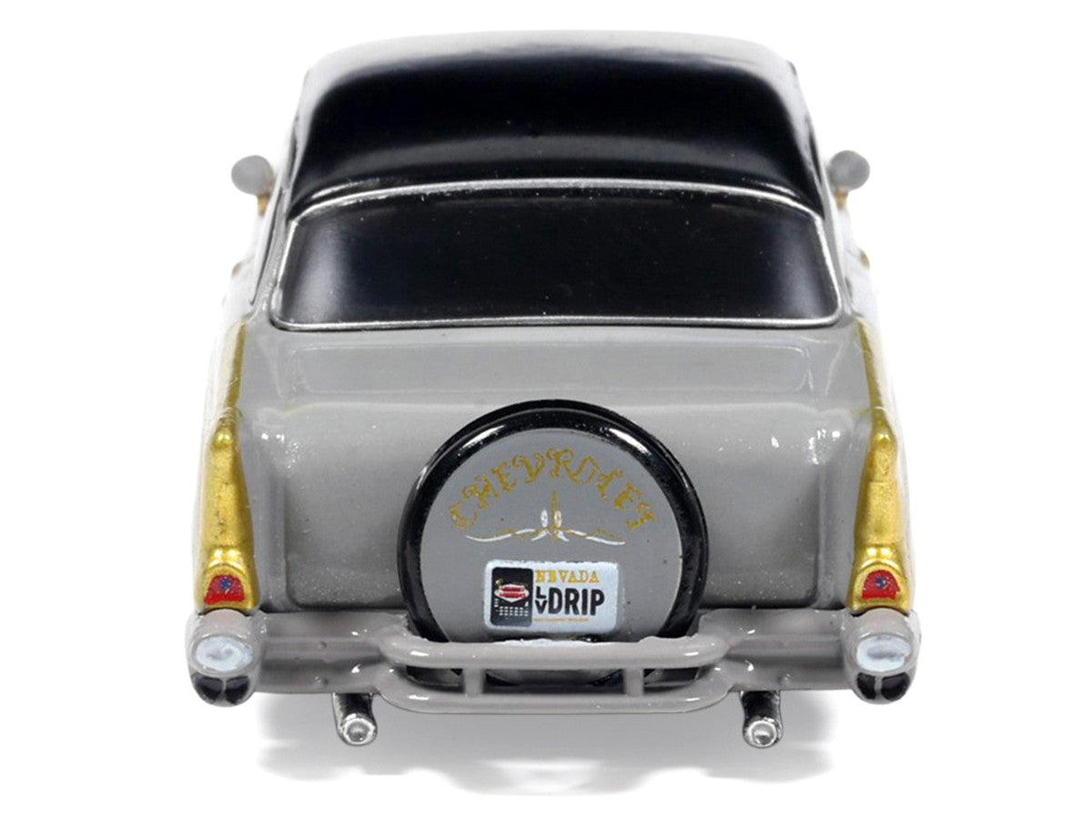 1957 Chevrolet Bel Air Lowrider Gray with Black Top and Gold Accents 1/64 Diecast Model Car by IXO Models