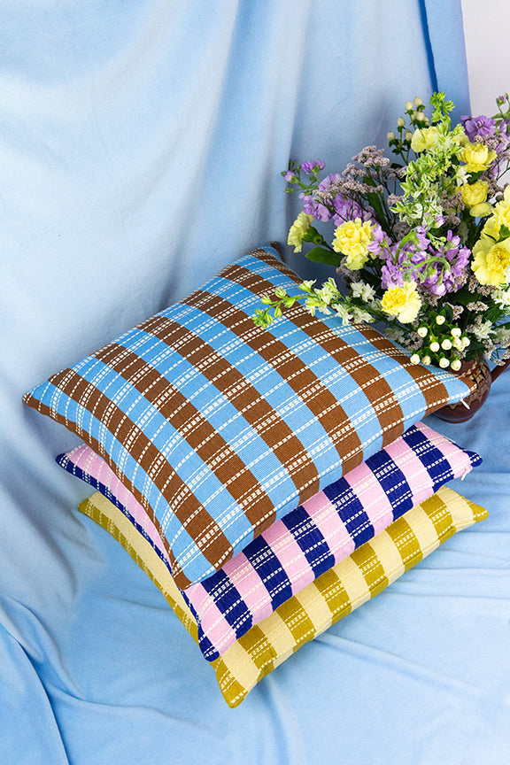 Santiago Grid Pillow - Royal and Baby Pink