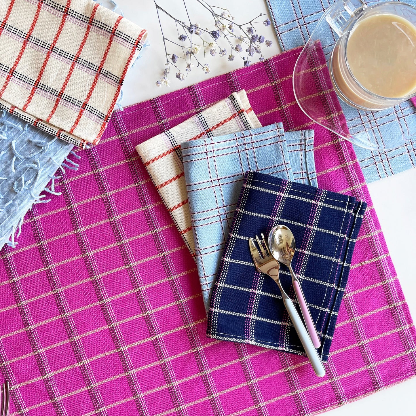 San Lucas Plaid White & Orange Cocktail Napkins Set of 4