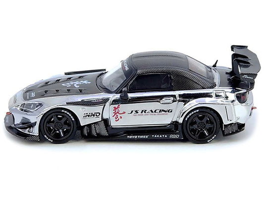 Honda S2000 RHD (Right Hand Drive) "J's Racing" Chrome Silver with Carbon Hood and Top with Graphics "Tokyo Auto Salon Hong Kong 2025 Event Edition" 1/64 Diecast Model Car by Inno Models