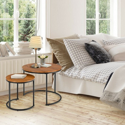 Set of 2 Modern Round Stacking Nesting Coffee Tables for Living Room-Light Brown - Color: Light Brown