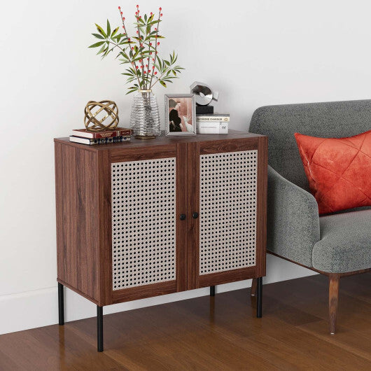 Kitchen Sideboard with 2 Rattan Doors and Adjustable Shelf-Walnut
