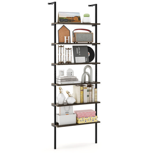 6-tier Ladder Shelf 72 Inches Industrial Wall Mounted Bookshelf-Rustic Brown