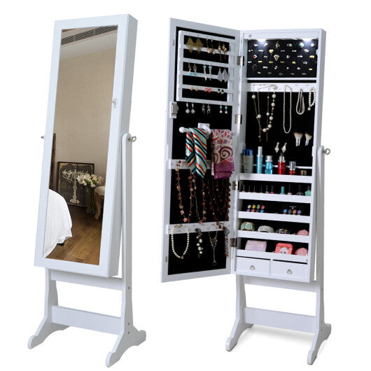 Lockable Freestanding Jewelry Cabinet Armoire with Full-Length Mirror and Lights-Black
