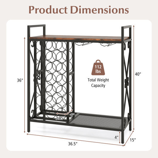 21 Bottle Wine Rack Freestanding Floor Wine Bottle Organizer with Glass Holder-Rustic Brown