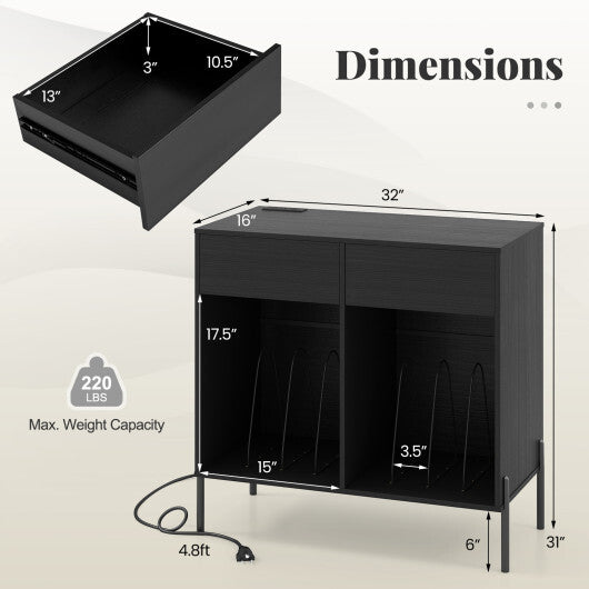 Record Player Stand with Power Outlets Double Wide Turntable Stand Vinyl Record Storage Table-White