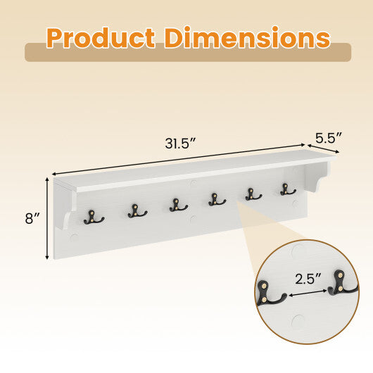 Wall Hooks with Shelf 31.5inch Wooden Coat Rack with 6 Hooks for Hats Towels Purses Robes-Natural