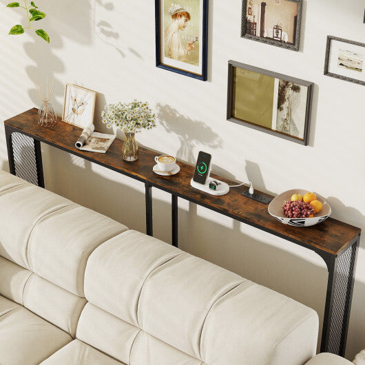 71 Inch Narrow Console Table with Power Outlet for Small Space-Rustic Brown
