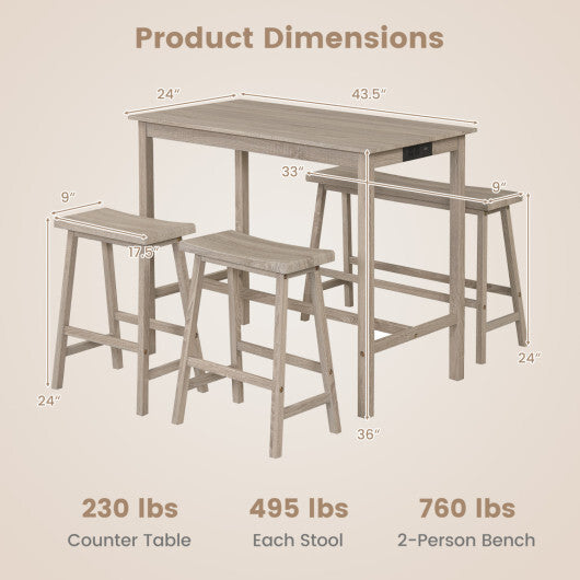 4-Piece Counter Height Dining Table Set with Power Outlet Solid Rubber Wood Kitchen Table-Gray