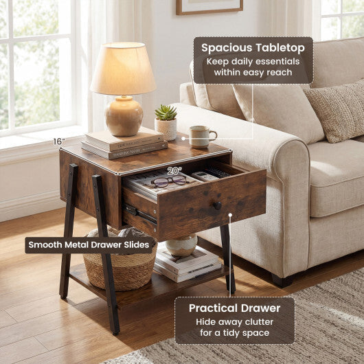 Industrial Nightstand with Drawer and Adjustable Foot Pads for Bedroom-Rustic Brown