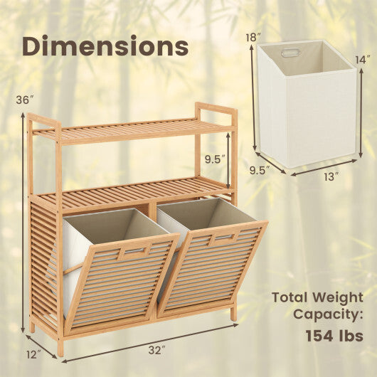 Double Tilt Out Laundry Hamper with 2 Shelves for Dirty Clothes-Natural