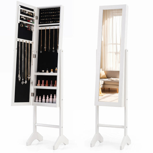 Freestanding Jewelry Armoire with Velvet Lining and Full Length Mirror-Black