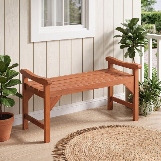 Solid Wood Backless Garden Bench with Support Handles and Curved Slatted Seat for Deck