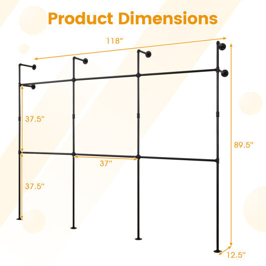 Wall Mounted Pipe Clothing Rack with 6 Hanging Rods-Black