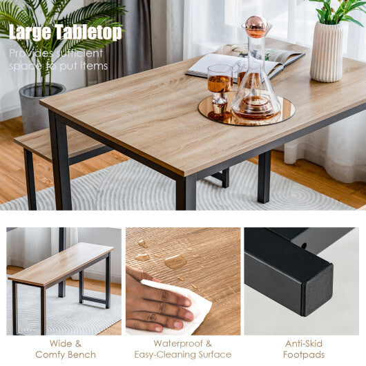 3 Pieces Dining Table Set with 2 Benches for Dining Room Kitchen Bar-Brown
