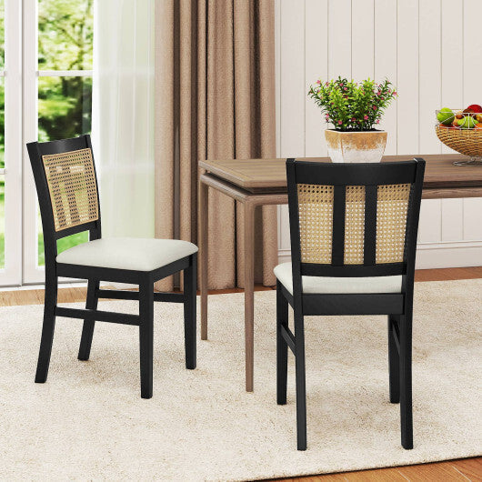 Farmhouse Rattan Dining Chair Set of 2 with Rubber Wood Legs and Cane Back-Beige