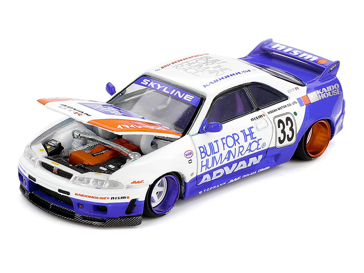 Nissan Skyline GT-R (R33) RHD (Right Hand Drive) #33 "BFTHR V1" Blue and White with Graphics (Designed by Jun Imai) "Kaido House" Special 1/64 Diecast Model Car by Mini GT