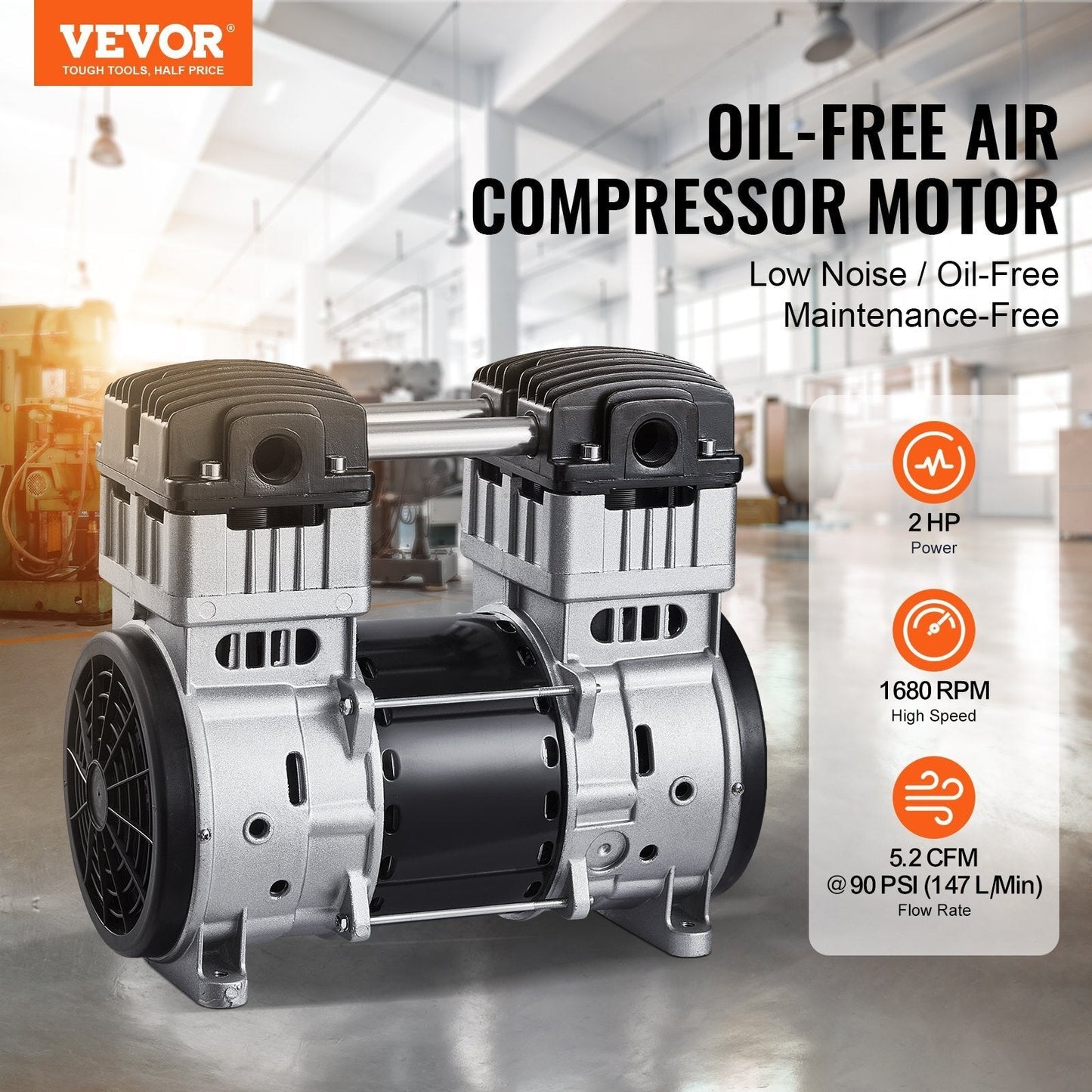 Air Compressor Motor, 2HP 5.2CFM @ 90PSI Oil Free Air Compressor Pump & Max. 145PSI Pressure, 78dB Ultra-Quiet Compressor Motor for Auto Repair, Tire Inflation, Spray Painting, Woodwork Nailing