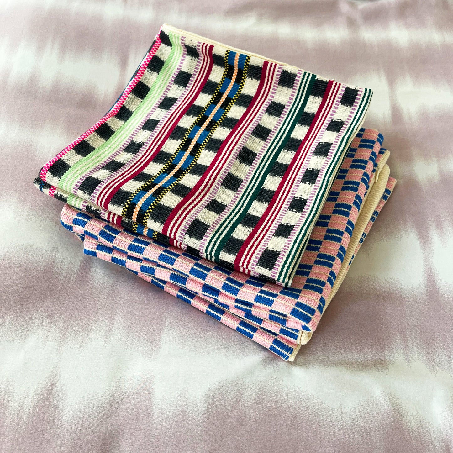 Checkered Brocade Pillow - Pink & Blue Circle