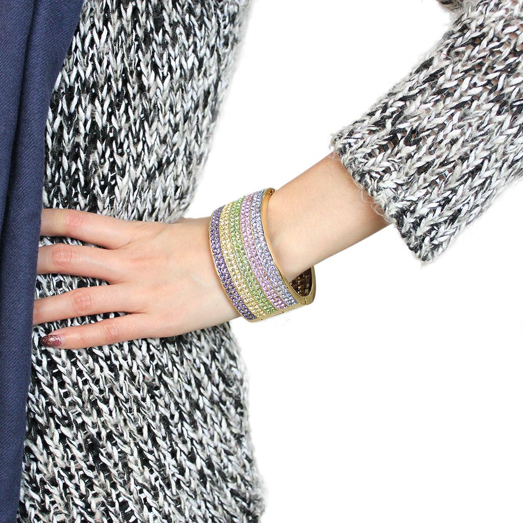 LO4277 - Gold Brass Bangle with Top Grade Crystal in Multi Color
