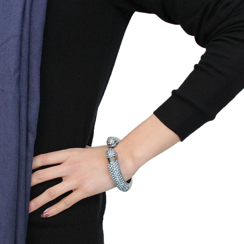 LO4289 - TIN Cobalt Black Brass Bangle with Top Grade Crystal in Sea Blue
