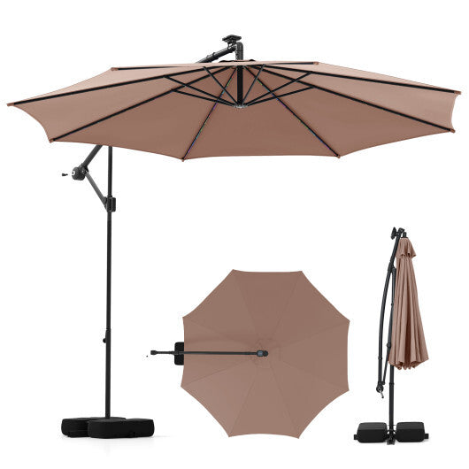 10 Feet Solar Offset Hanging Umbrella with Base and LED Lights-Beige