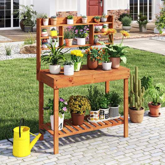 Wooden Potting Bench Table 61" Garden Planting Workstation with 3-Tier Open Shelf-Brown