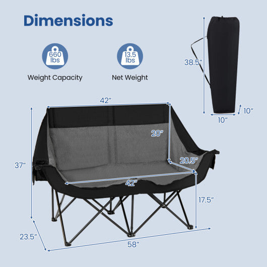 Heated Double Camping Chair with 4 Heating Zones and Wine Glass Holders-Navy