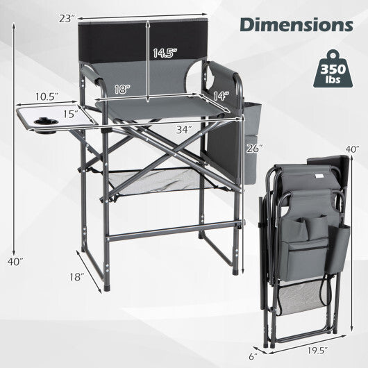 Folding Tall Director Chair 26 Inch Seat Height Portable Camping Chair with Side Table-Gray