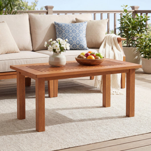 35.5 Inch Outdoor Modern Rectangular Coffee Table with Slatted Top for Backyard
