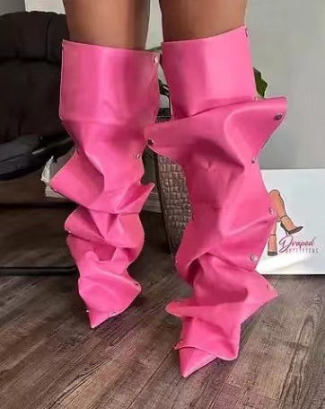 Denim Stitching Casual Two-way Pile Style Knee-length Boots