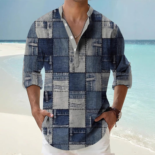 Thin Casual Digital Bamboo Linen Hawaiian Long Sleeve Shirt